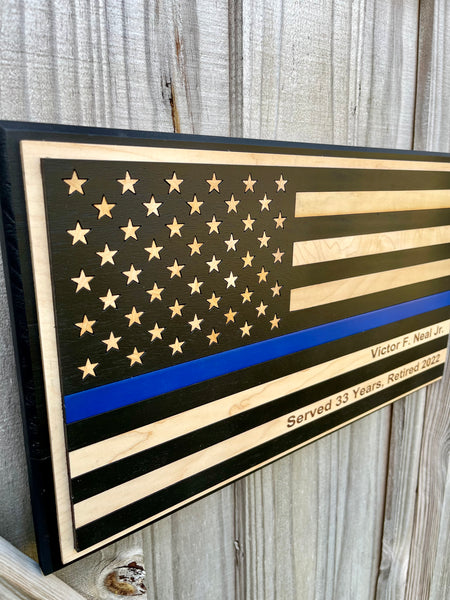 AMERICAN FLAG WITH THIN BLUE LINE - PERSONALIZED LASER ENGRAVED