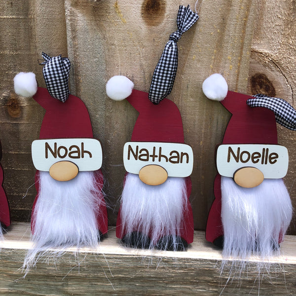 SANTA CLAUS GNOME CHRISTMAS ORNAMENT WITH PERSONALIZED NAME ENGRAVED